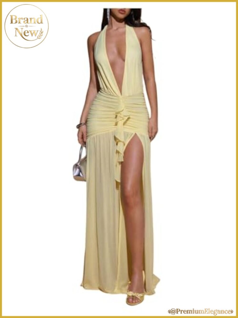 Women's Sexy Halter Open Back High Slit Ruched Ruffle Maxi Party Dress